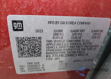 2024 Chevrolet Trax Fwd Lt from USA, damaged, VIN KL77LHE2XRC148874